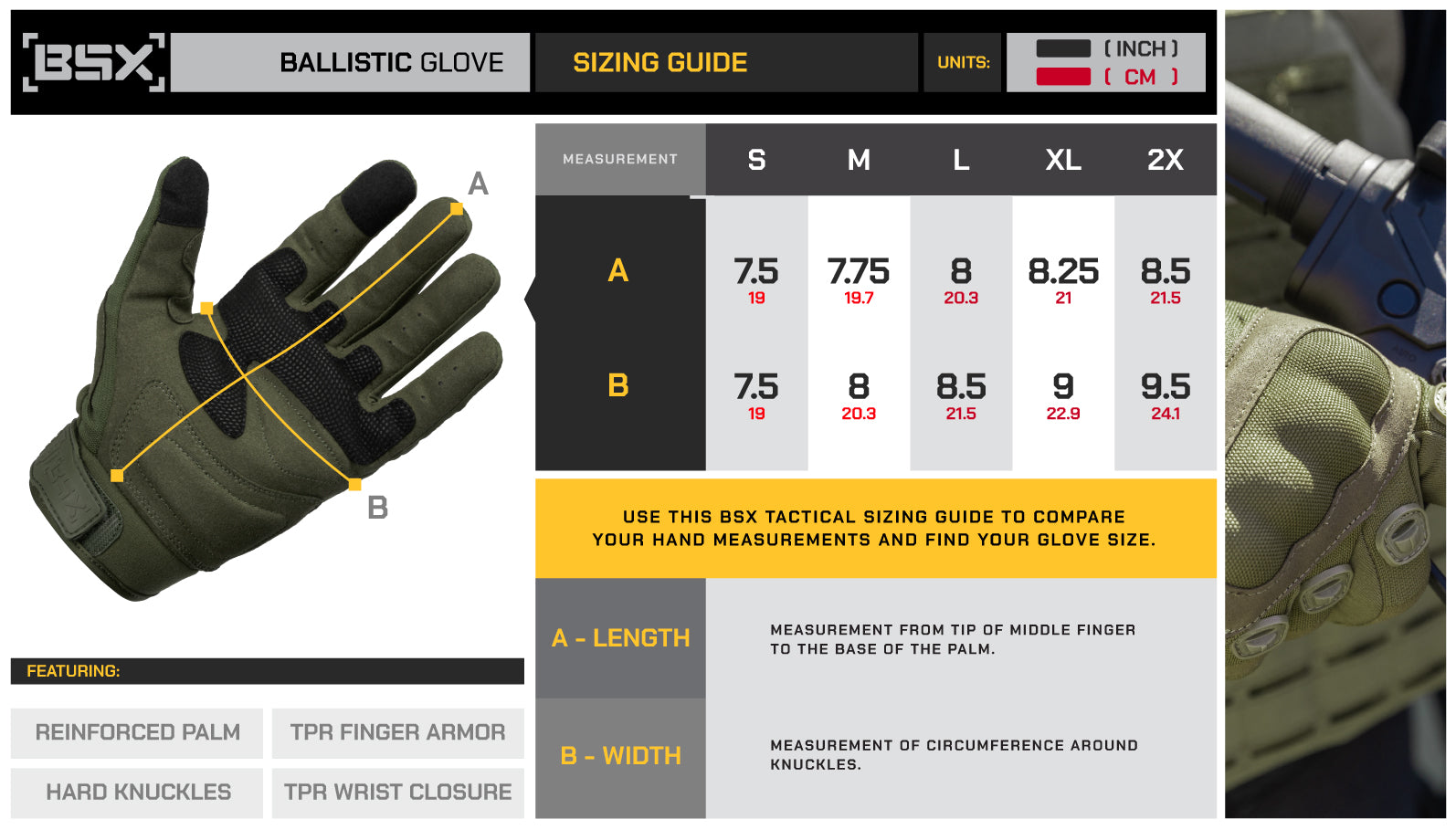 BSX Ballistic Gloves - Tan Size Guide