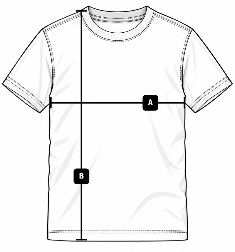 Tee diagram: A is body width, straight across the chest; B is body length, from the high point of the shoulder to the hem.